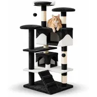 Belviona Arbre à chat, 130 cm de haut, avec cavernes, escaliers & balles de jeu, robuste & élégant, noir/blanc
