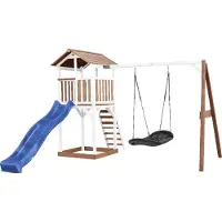 Axi Beach Tower Aire De Jeux Avec Toboggan En Bleu, Balançoire Nid D'Oiseau Noir & Bac À Sable | Grande Maison Enfant Extérieur En Marron & Blanc |