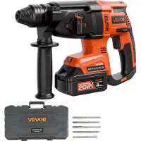 Vevor Marteau perforateur sans fil 20 V sans balais, Lithium-Ion 26 mm, kit électrique léger SDS-Plus avec batterie & chargeur & mallette de transport, 4 fonctions 1200 tr/min 5300 BPM