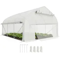 Outsunny Serre De Jardin Tunnel 10,4 M² - 6 Fenêtres Et Porte Zippée Avec Moustiquaires - Acier Galvanisé Pe Blanc