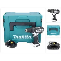 Makita Perceuse-visseuse à percussion sans fil DHP 482 Y1JW 18 V 62 Nm, blanche + 1 batterie 1,5 Ah + Makpac - sans chargeur