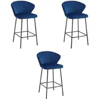 Leobert Tabouret De Bar - - Gatta - Velours Bleu Marine/Pieds Noirs - Lot De 3