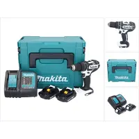 Makita Perceuse-visseuse à percussion sans fil DHP 482 SYJW 18 V 62 Nm blanche + 2 batteries 1,5 Ah + chargeur + Makpac