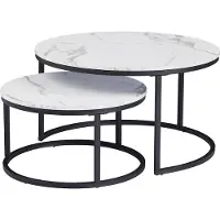 Happyment Ensemble de table basse de luxe - Lot de 2 - aspect marbre - Rond - Blanc - Structure métallique noire - Salon - Style campagne - 80 cm & 60 cm