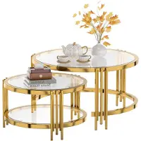 OKWISH Lot de 2 tables basses avec plateau en verre, table de salon avec structure en métal, pour salon, couleur or